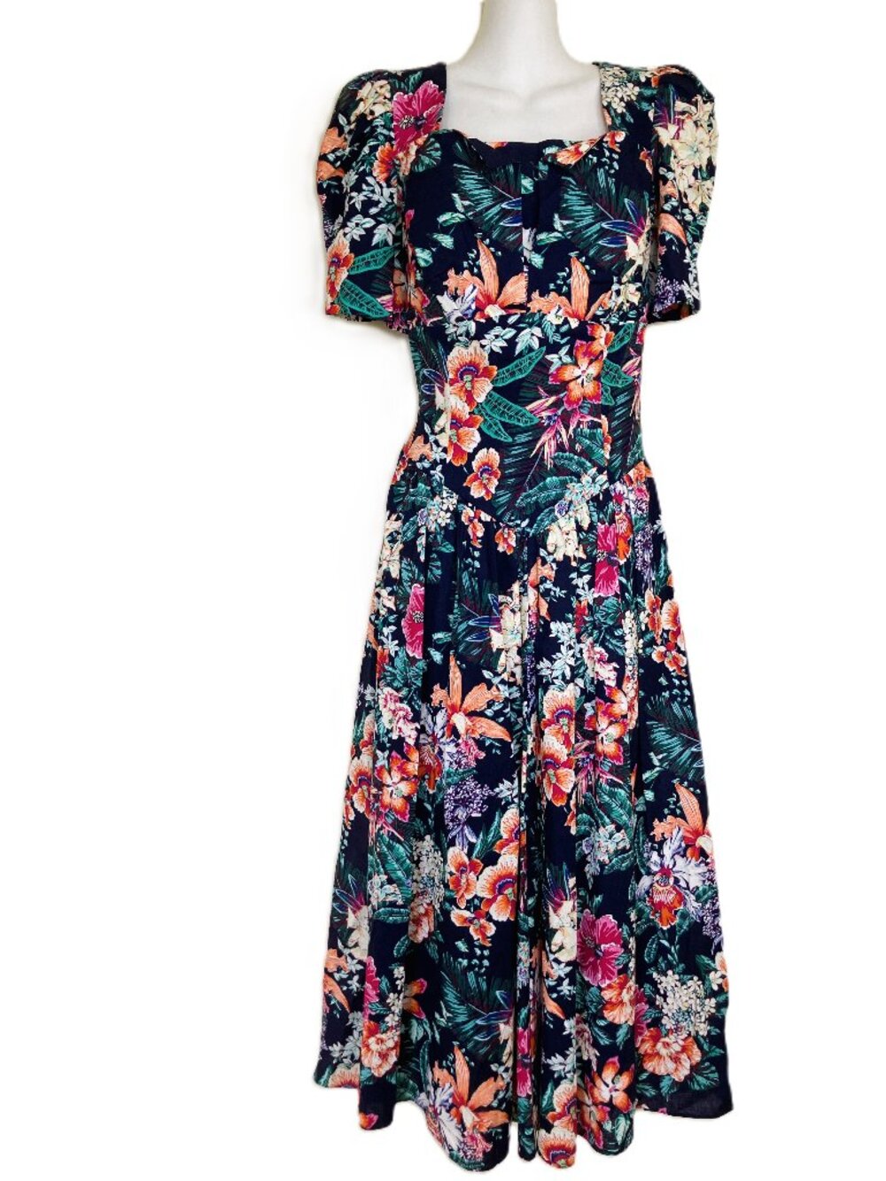Algo Square Neck Maxi Dress Short Sleeves Basque Waist Floral Vintage 90s Medium